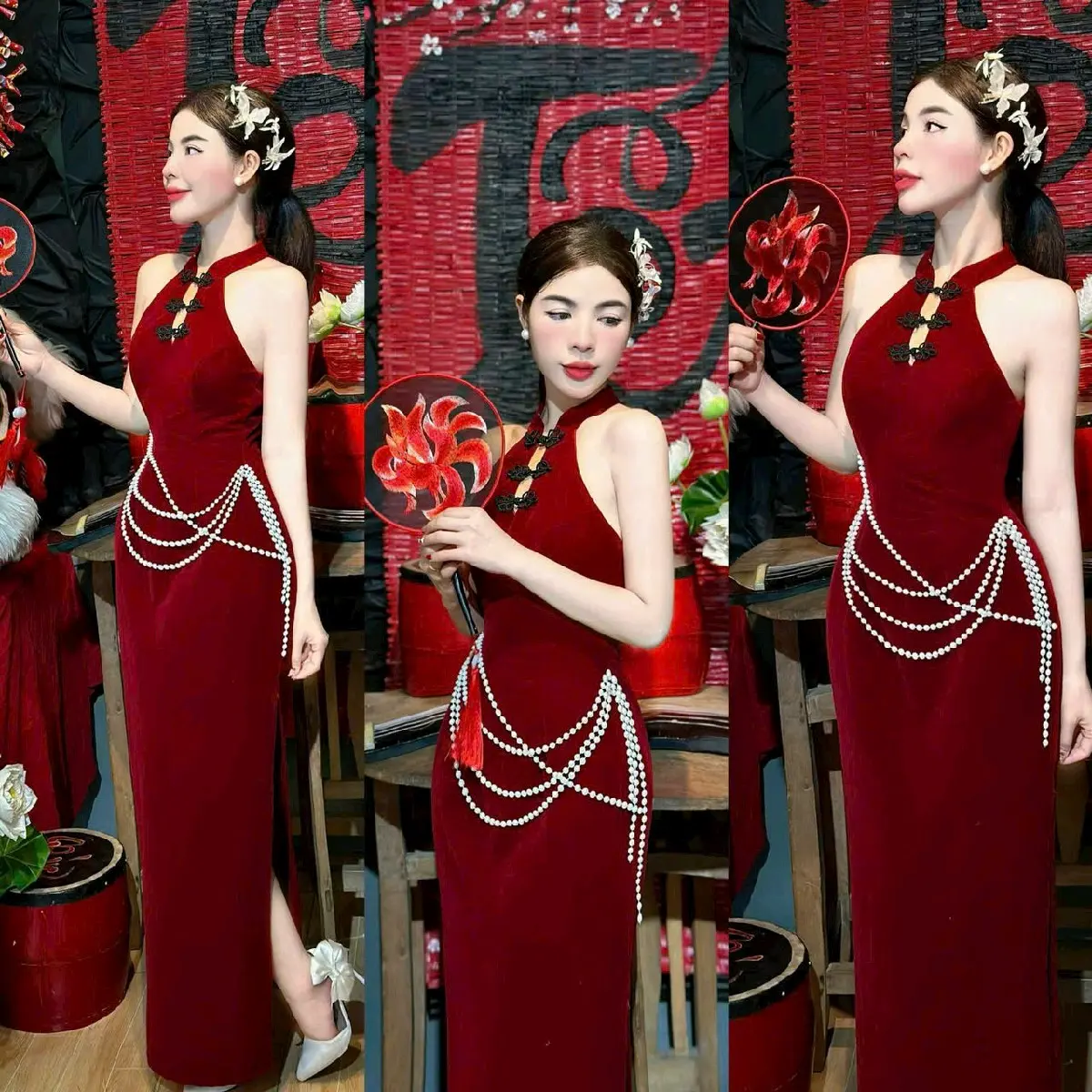 Đầm nhung đỏ body cổ yếm nút tàu kết dây xẻ tà