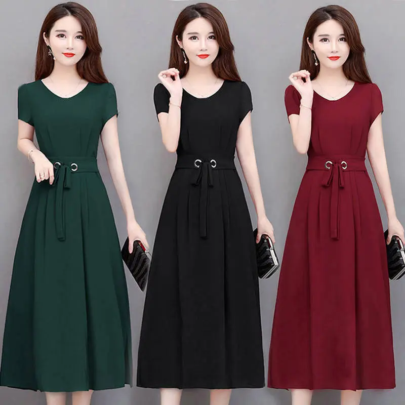 Plus Size Dress Women's 2023 Summer Plump Girls Short Sleeve Mid-Length Overknee Dress Series Belt Slim Fit Slimming A- line Skirt