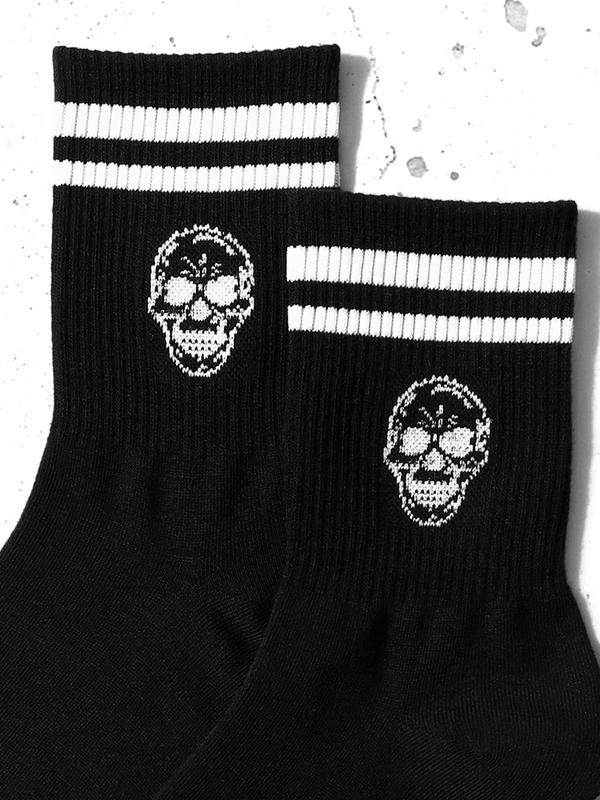 Women's 1 Pair Skull & Striped Pattern Crew Socks, Sporty Casual Mid-calf Socks, Ribbed Knit Socks for Women, Women's Hosiery 2