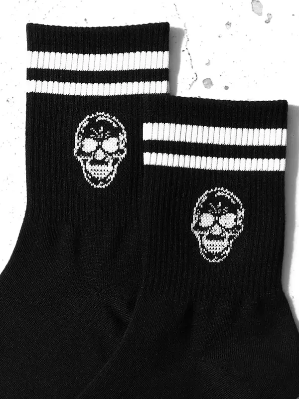 Women's 1 Pair Skull & Striped Pattern Crew Socks, Sporty Casual Mid-calf Socks, Ribbed Knit Socks for Women, Women's Hosiery 2