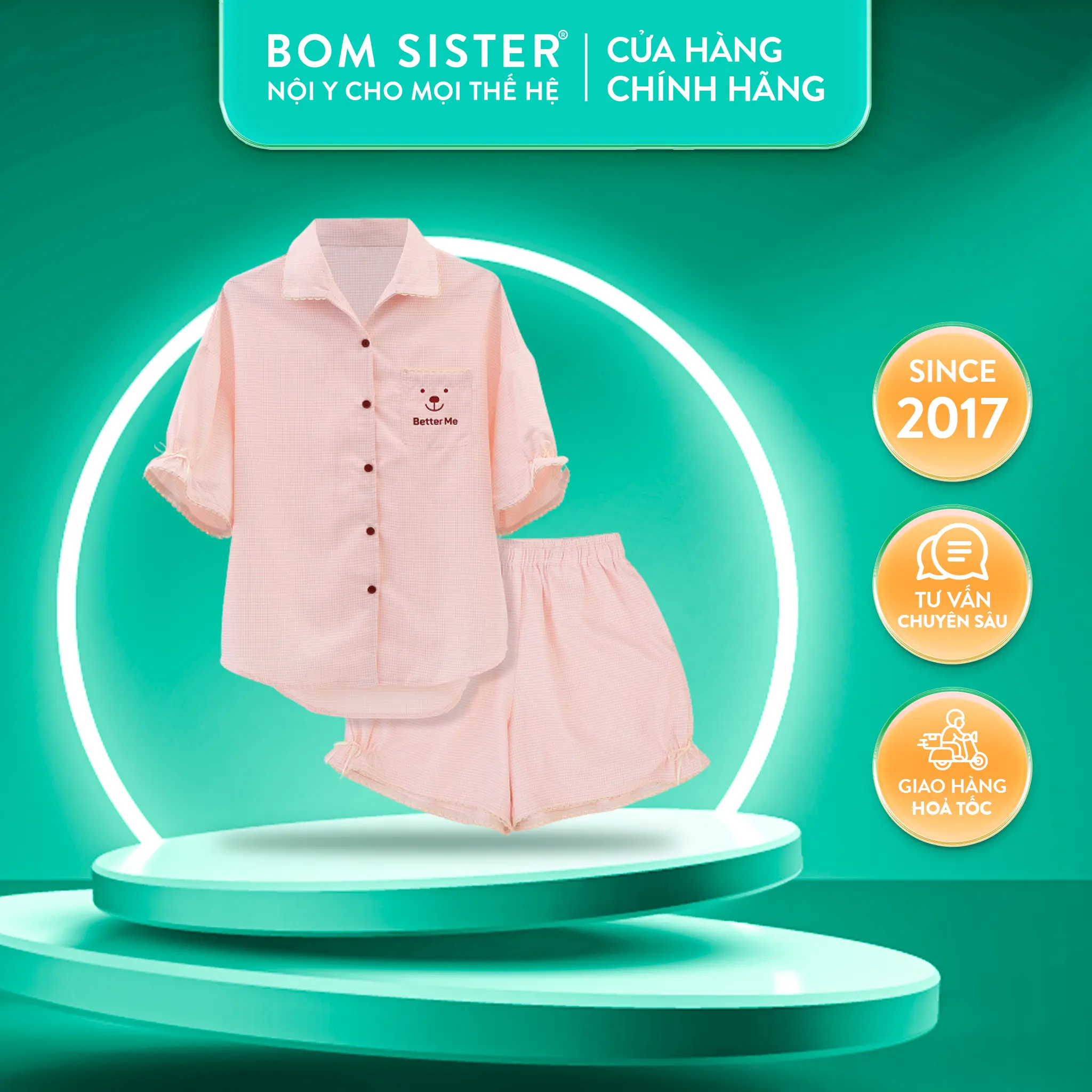 BOM Sister x Ngọc Trinh - Bộ Đồ Ngủ Nữ Bốn Mùa, Phong Cách Trẻ Trung, Mặc Ở Nhà Và Ra Ngoài, Áo Sơ Mi Và Quần Bộ đồ mặc nhà nữ áo có tay quần ngủ đùi họa tiết đơn giản dễ thương, mát như thun women BOM Sister MN2012 đồ  bộ