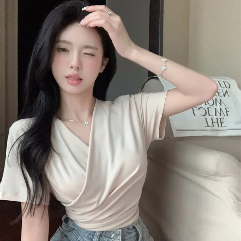 Áo Thun Ngắn Tay Cổ Chữ V Chéo Cho Nữ, Áo Hở Vai, Gợi Cảm, Ôm Sát, Mùa Hè