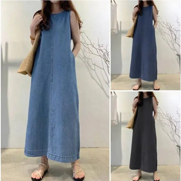 2024 New Fashion round Neck Sleeveless Loose Pockets Long Pullover Bohemian Denim Temperament Dress