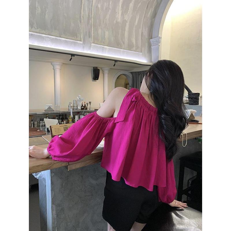 Áo Thun Trễ Vai Có Nơ Cho Nữ, Thiết Kế Mới, Phong Cách Pháp, Thanh Lịch, Dáng Rộng, Giảm Béo, Sang Trọng, Áo Dài Tay 5