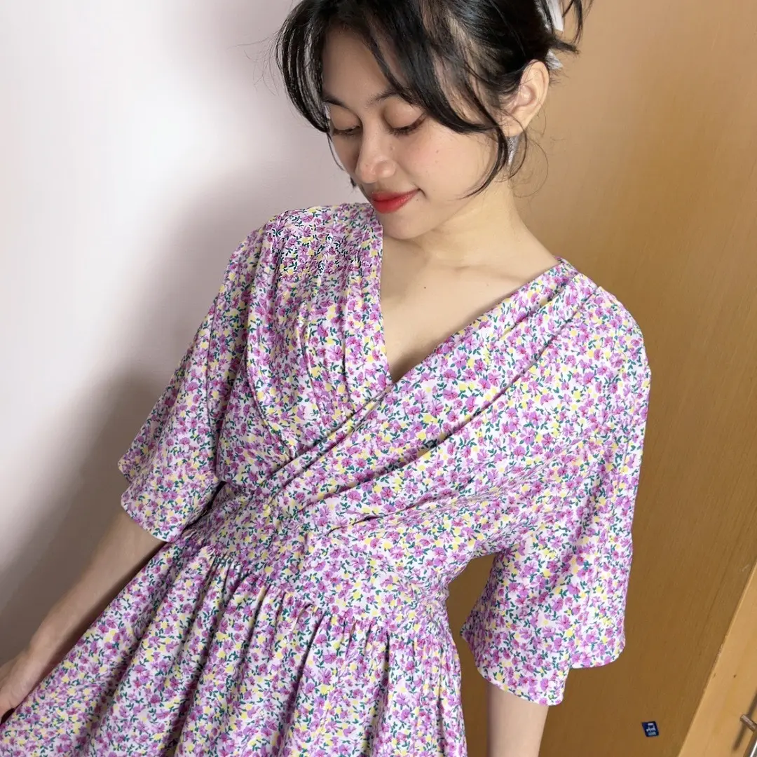 Mirae Wear Sakura Dress Vintage LongDress Korean Look Floral V-Neck Dress Santai