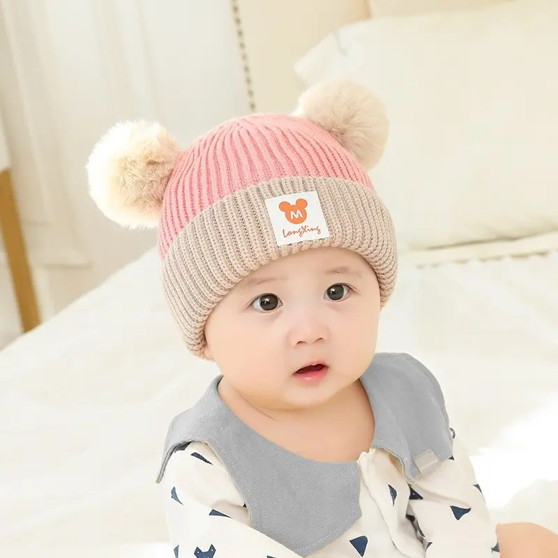 Kupluk Bayi Hopeoyou Model Dua Warna Rajut dengan Hiasan Pom Pom untuk Perempuan dan Laki-Laki 3