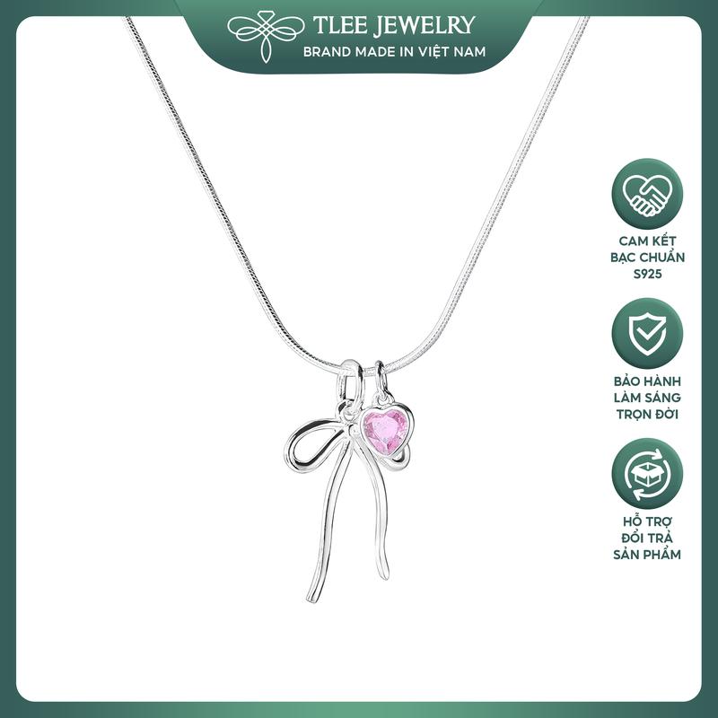 Dây chuyền bạc nữ TLEE, vòng cổ dây mì mặt hình nơ trơn mix đá tim hồng xinh xắn TLEE JEWELRY D0272