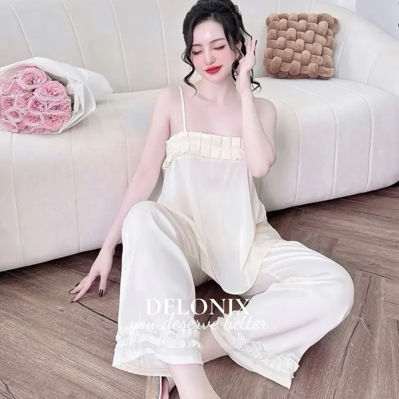 B17 Bộ đồ ngủ lụa pijama xếp ly 2 dây cute sang chảnh tôn dáng cao cấp chuẩn hàng bộ ngủ DELONIX 1