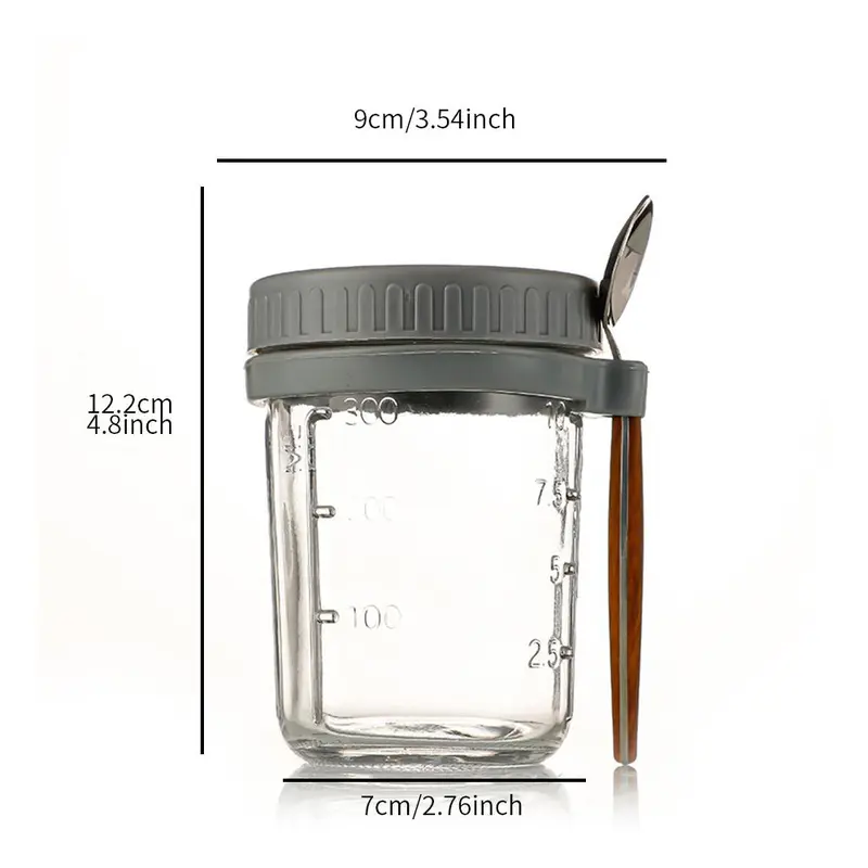Portable Overnight Oats Jar With Lid 350ml Glass Mason Jar Oatmeal Container With Measurement Mark For Cereal, 1 Count Milk, Vegetable And Fruit Salad 1
