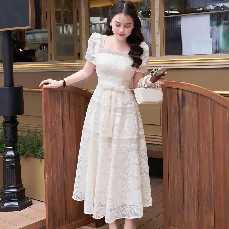Đầm Nữ Thiết Kế EMME V1931 Ren Cổ Vuông Tay Ngắn Mix Đính Nơ Dáng Dài Cách Điệu 2