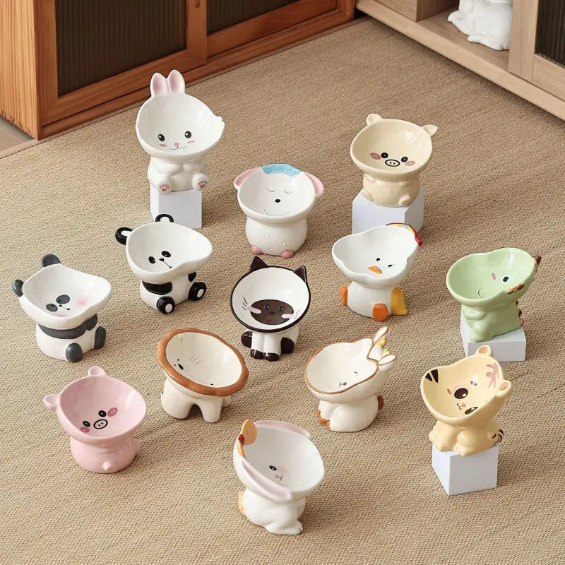 Cute cartoon animal series ceramic cat high footed food bowl, neck protection for eating, cats drinking water to prevent tipping over dog bowl