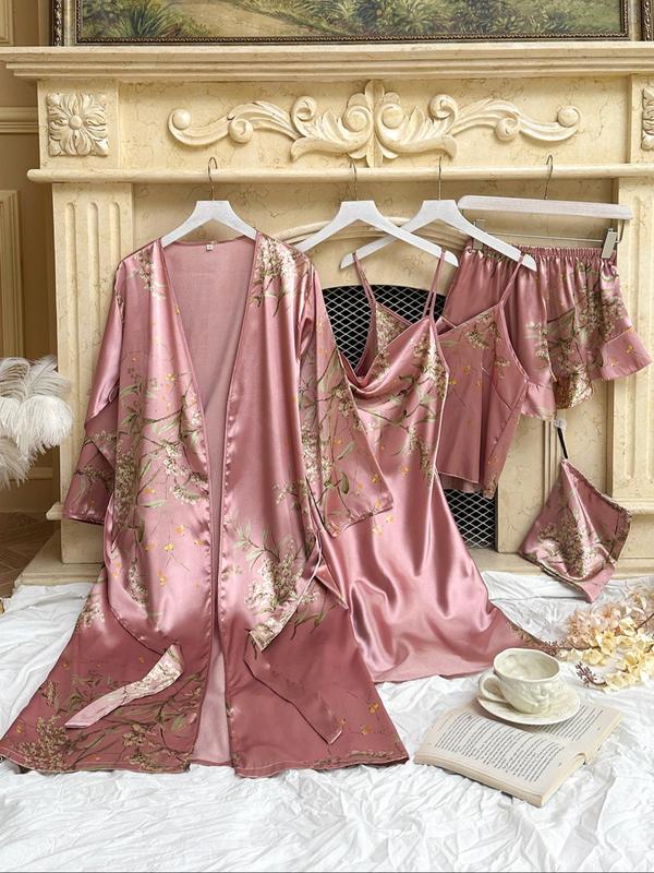 Christmas Gift Five Counts Women's Floral Print Satin Pyjamas Set, Pj Sets for Women, Elegant Comfort Belted Robe & Cowl Neck Cami Dress & Camisole & Ruffle Shorts & Bag, Pajama Sets Women, Loungewear for All Seasons, Lounge Set for Women 5