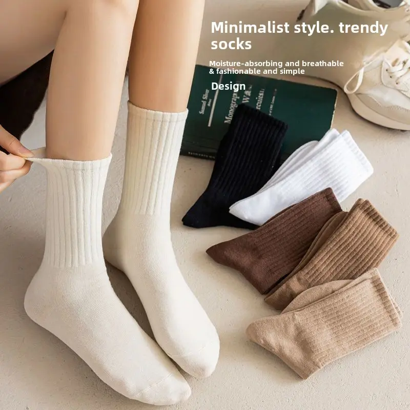 5 Pairs of Socks Suit Women's Mid Tube Stockings Summer Solid Color Bunching Socks Striped Autumn and Winter Mid-Calf Length and Knee High Socks Womenswear Lingerie Lady Comfort