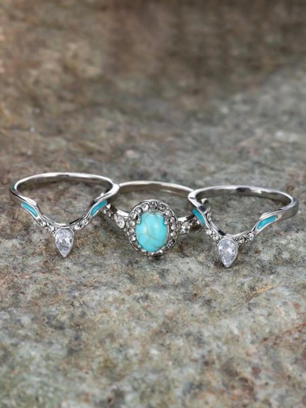 Fashion Boho Style Turquoise & Rhinestone Decor Rings, 3 Counts Temperament Rings, New Trend Hand Jewelry for Women & Men,fashion Jewelry for Party, Daily Clothing Decor, Trendy All-match & Exquisite Jewelry for Birthday Gift, Unique Rings 3