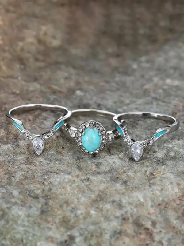 Fashion Boho Style Turquoise & Rhinestone Decor Rings, 3 Counts Temperament Rings, New Trend Hand Jewelry for Women & Men,fashion Jewelry for Party, Daily Clothing Decor, Trendy All-match & Exquisite Jewelry for Birthday Gift, Unique Rings 3