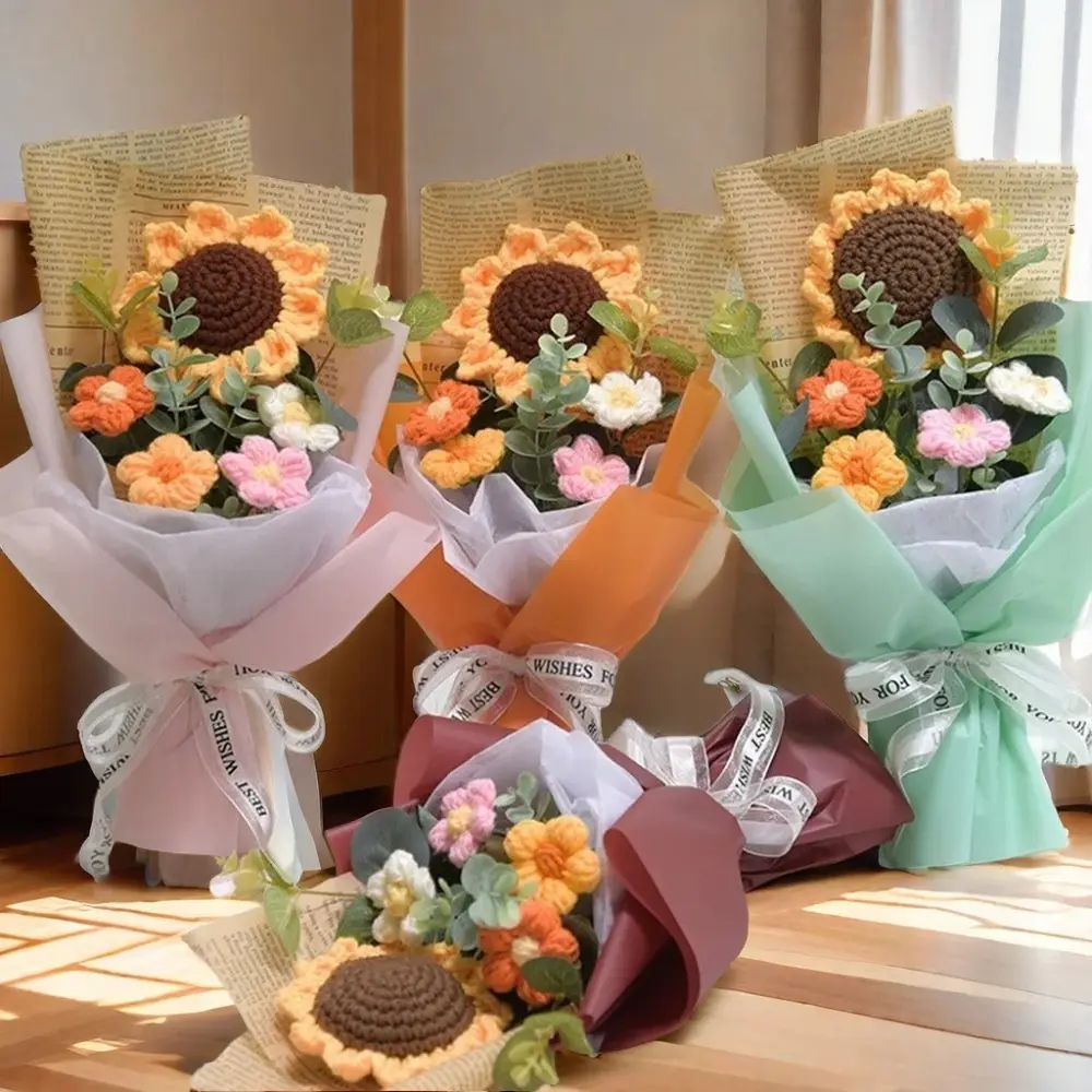 New Artificial Flower Crochet Bouquet Handmade Anniversary Sunflower Daisy Bouquet Eternal Flower Mothers Day Birthday Gift Graduation Bouquet Wedding Guest