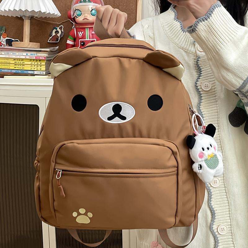 Product Introduction of Chic Bear-Themed Nylon Backpack for Women - Casual School & Travel Daypack, Solid Color with Practical Pockets, Available in White/Brown/Yellow 14