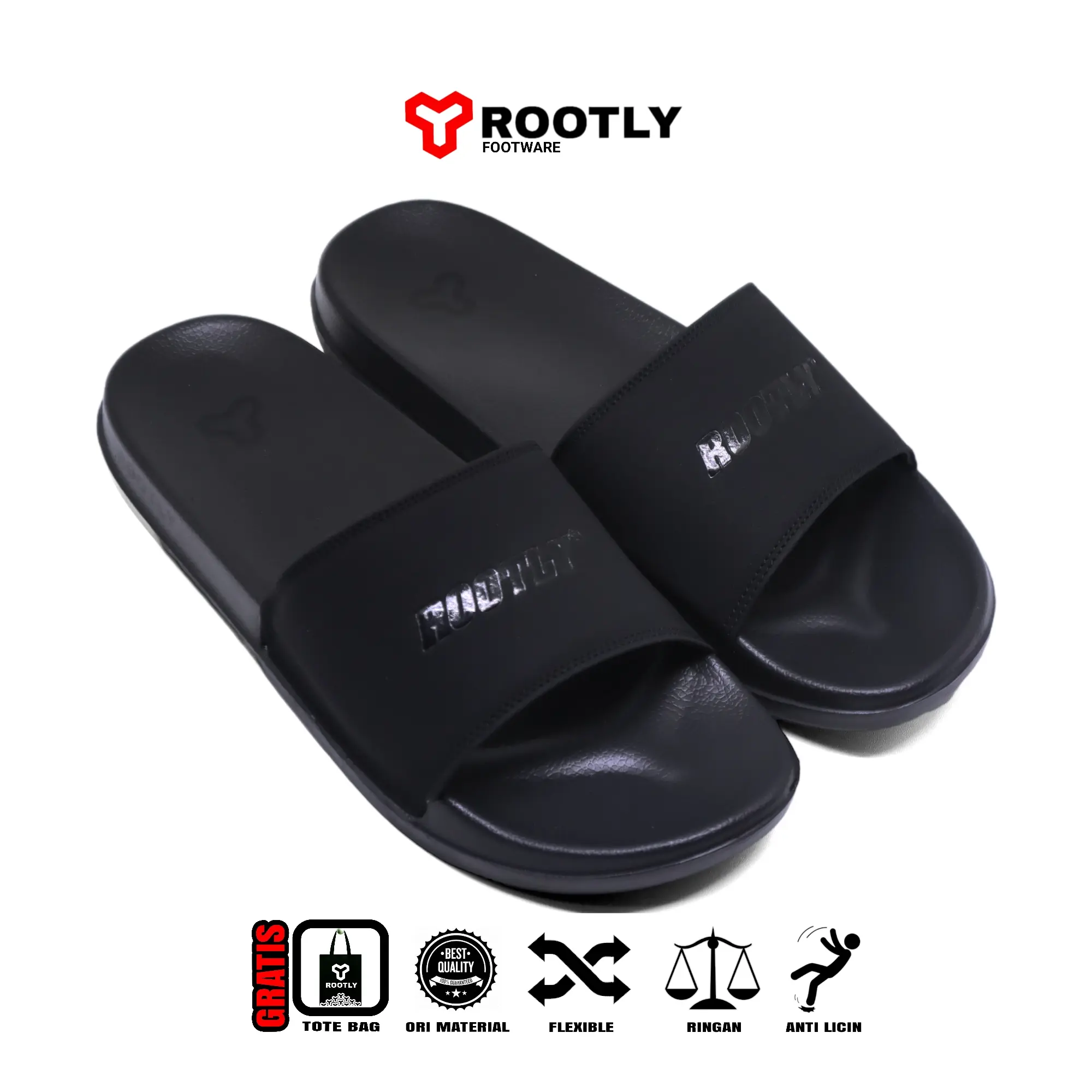 Rootly - Sendal Selop Full Black Slipper Unisex Sandal Pria Shoes