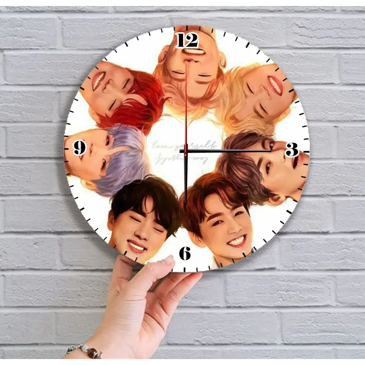 Jam Dinding Unik Kayu Bulat Korea K-Pop BTS Free Baterai + Box Vintage Raja Kpop 0
