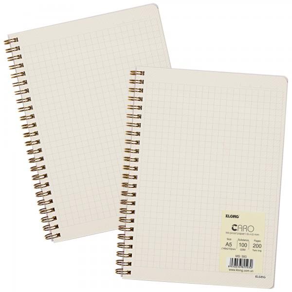Vở A5 Caro nét đứt 6x6 mm lò xo kép Klong MS 592 593 bìa nhựa 2 mặt trong suốt vân chéo cỡ 120-200 trang 100gsm