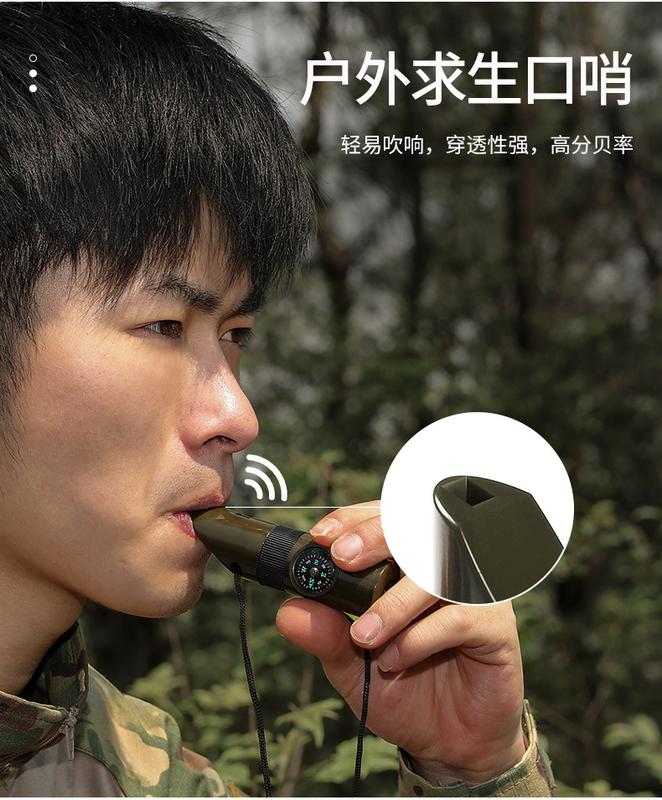 Product Introduction of 7in1 Emergency Survival Whistle Compass Multifunction Tool Magnifier Flashlight Storage Container Thermometer for Camping Hiking 4