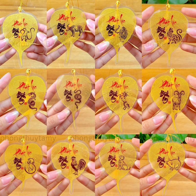[Tặng Bao Lì Xì Lộc] Lá bồ đề 12 con giáp nhũ vàng, cầu tài lộc, may mắn, bình an, để ốp lưng điện thoại, treo xe ô tô, để vào bóp tiền, ví tiền