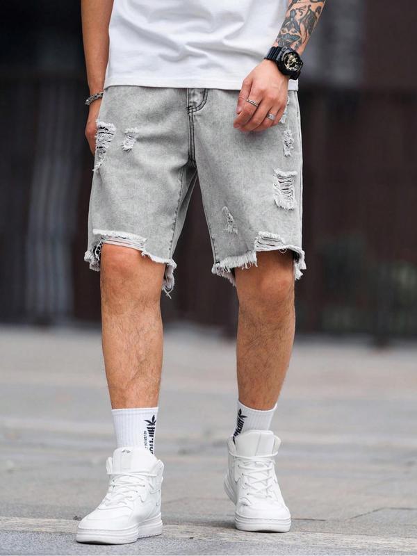 Men's Solid Color Ripped Denim Shorts, Fashion Loose Fit Short Jeans for Summer, Men's Bottoms for Daily Wear, Cotton, Womenswear 3