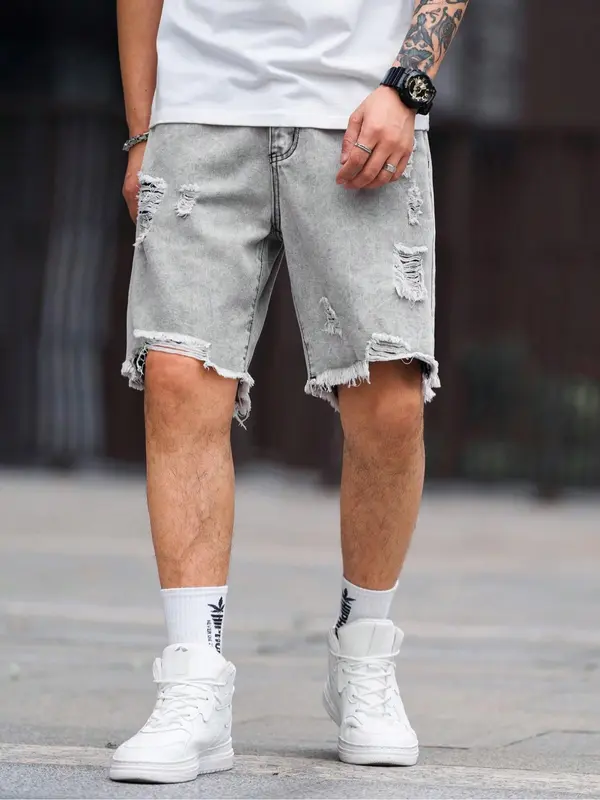 Men's Solid Color Ripped Denim Shorts, Fashion Loose Fit Short Jeans for Summer, Men's Bottoms for Daily Wear, Cotton, Womenswear 3