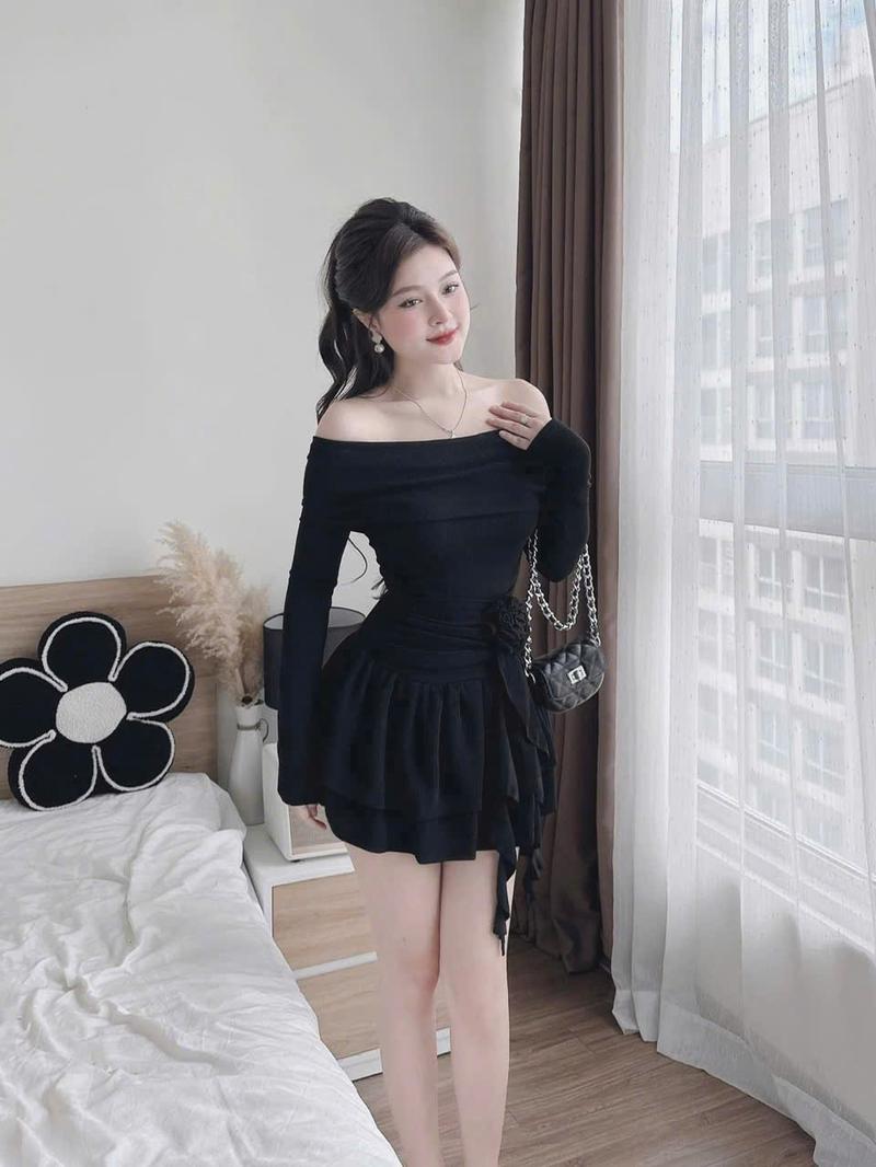 Product Introduction of Váy đầm nữ chất thun tăm tay dài bẹt vai đính bông xếp tầng sang chảnh 8