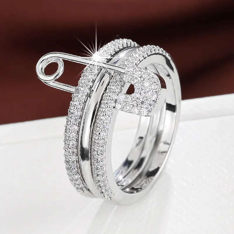 Safety safety pin ring, shape pin ring, European and American style fashionable, three-color side ring, for women, unique design, Grout zirconia pin ring micro rings shape anti-rust titanium rings