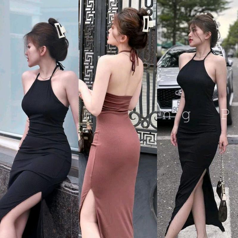 Đầm Cổ Yếm Cột Dây Hở Lưng - Có Mút - Dáng Dài Maxi Xẻ Tà Ôm Body - đầm ôm body váy dự tiệc váy xinh đầm nữ Women Dress Thun