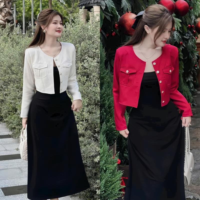 Đầm váy 2 dây dáng dài mix áo khoác tay dài đính nút cài thật duyên dáng sang chảnh dành cho các nàng đi tiệc đi chơi. Nữ Top Women