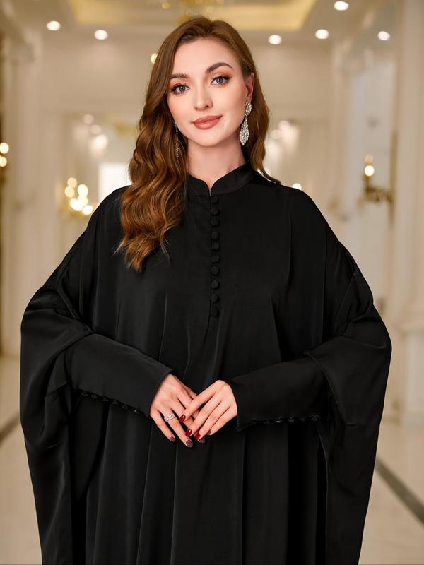 Arabic Clothing-Solid Button Front Batwing Sleeve Kaftan, Modest Mock Neck Long Sleeve Maxi Dress for Women, Women's Islamic Clothing for Spring, Modest Muslim Clothes 6