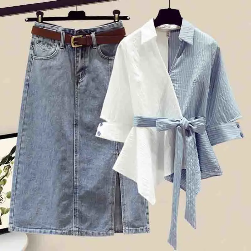 Large Size Women's Clothing 100.00kg Fat Sister Summer Suit Women's Slimming Youthful-Looking Short Sleeve Shirt Skirt Two-Piece Suit Fashion