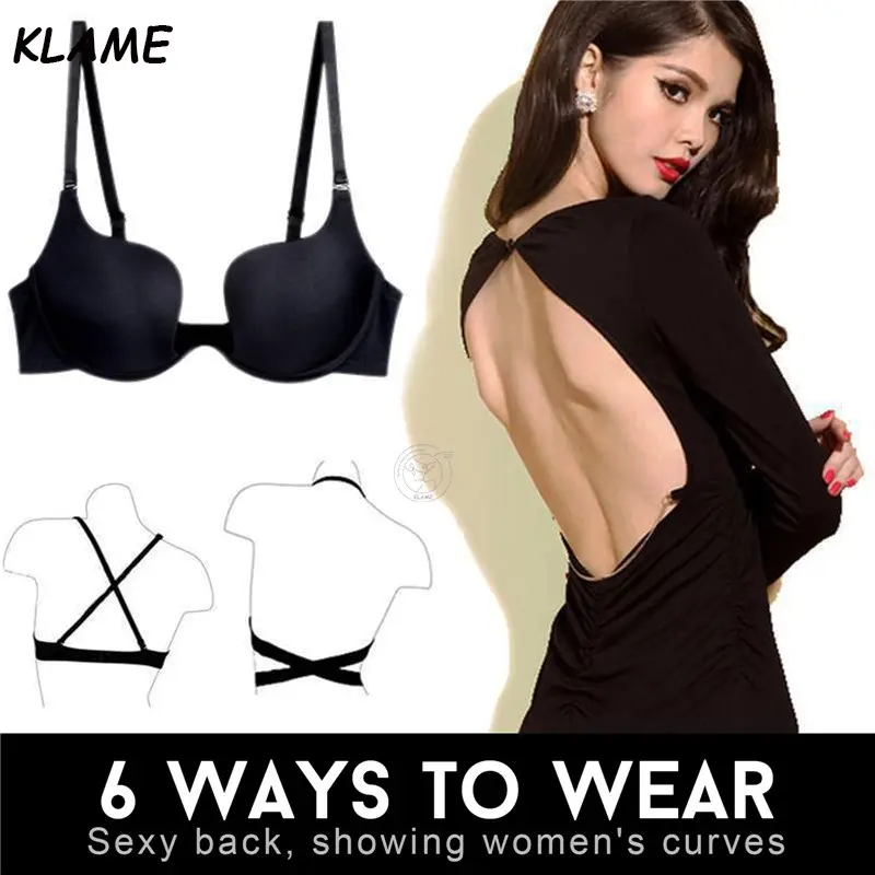 KLAME AD Cup Wired Bra Sexy Women Detachable Shoulder Strap Lingerie Backless Bras Underwear Deep U Low Cut Push Up Brassiere Female Breathable Invisible Bralette YML225