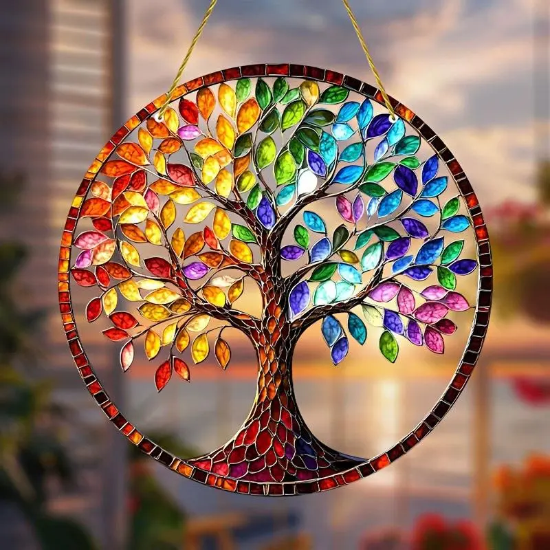 Colorful Tree Of Life Design Sun Catcher, Double Sided Decorative Pendant with Chain, Hanging Decor for Home Living Room Bedroom, Hangable 5