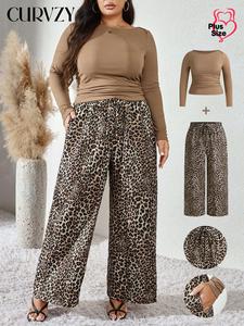 CURVZY Plus Size Two-Piece Set Solid Ruched Top & Leopard Print Tie Front Pants Set, Casual Round Neck Long Sleeve Top & High Waist Trousers for Daily Wear, Women's Two-piece Outfits for Autumn & Winter