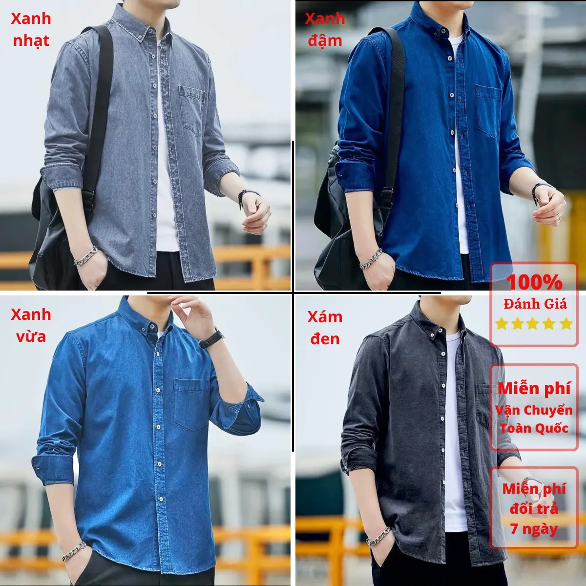 Sơ Mi Nam JEAN-DEMIM 2024 Basic Tay dài, dáng xuông. Chất liệu 100% cotton. Thích hợp đi học, đi làm, đi chơi Menswear Áo Shirt Denim - Xmas