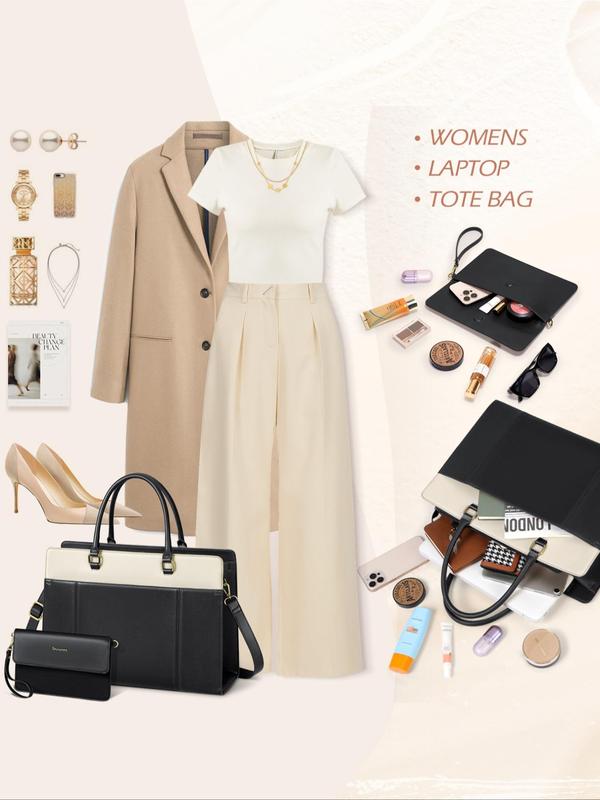 Women's Colorblock Laptop Bag & Wristlet, Fashionable Pu Leather Briefcase & Wristlet, Computer Bag for Office Travel 6