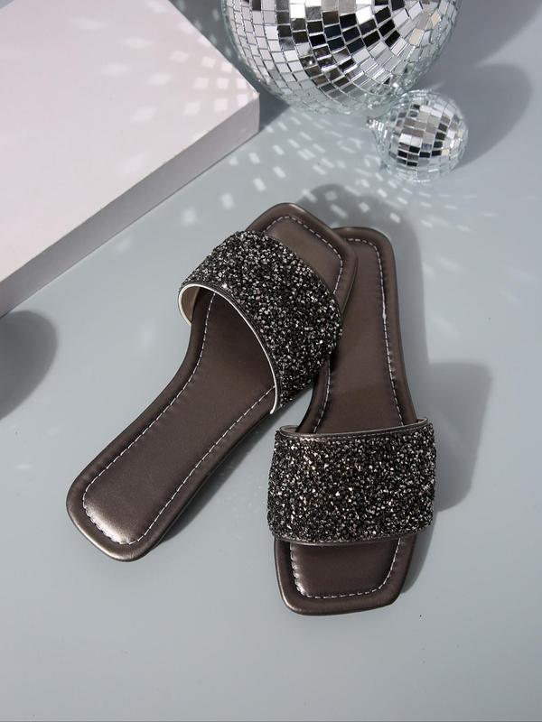 Women's Simple Plain Glitter Rhinestone Decorated Slide Sandals, Casual Comfortable Flat Sandals, Fashionable Sandals for Summer Beach Wear 1