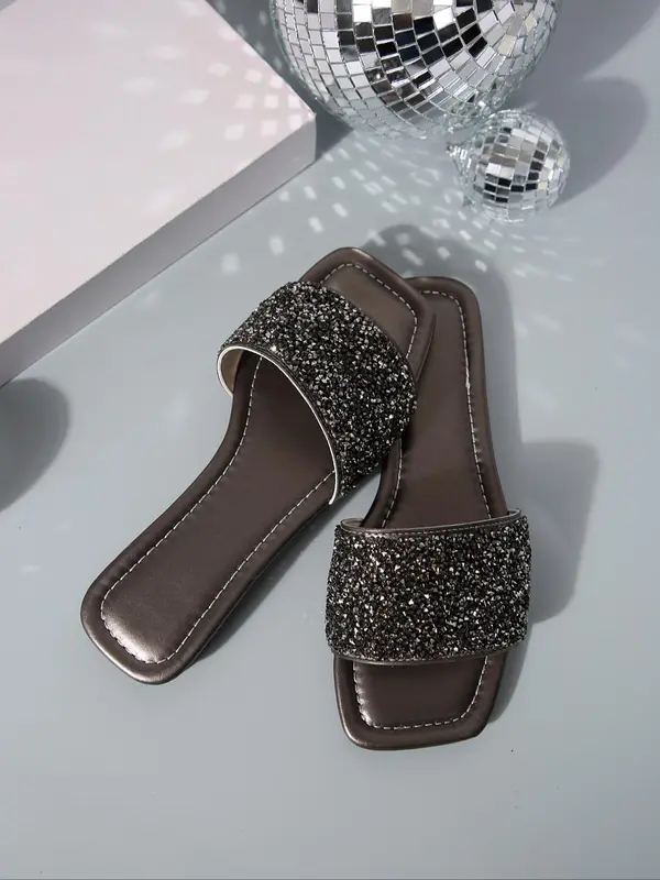 Women's Simple Plain Glitter Rhinestone Decorated Slide Sandals, Casual Comfortable Flat Sandals, Fashionable Sandals for Summer Beach Wear 1