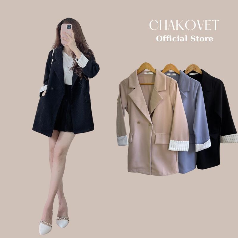 Áo khoác blazer nữ dài tay 1 lớp dầy dặn AB876, thiết kế áo cổ vest túi hộp 2 cúc giả gỗ tay pha kẻ sọc Style Hàn Quốc