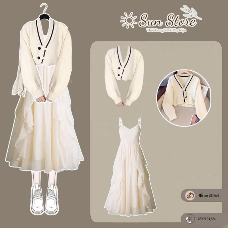 Set váy áo nữ, Bộ 2 chi tiết áo len cardigan tay dài phồng chất ...