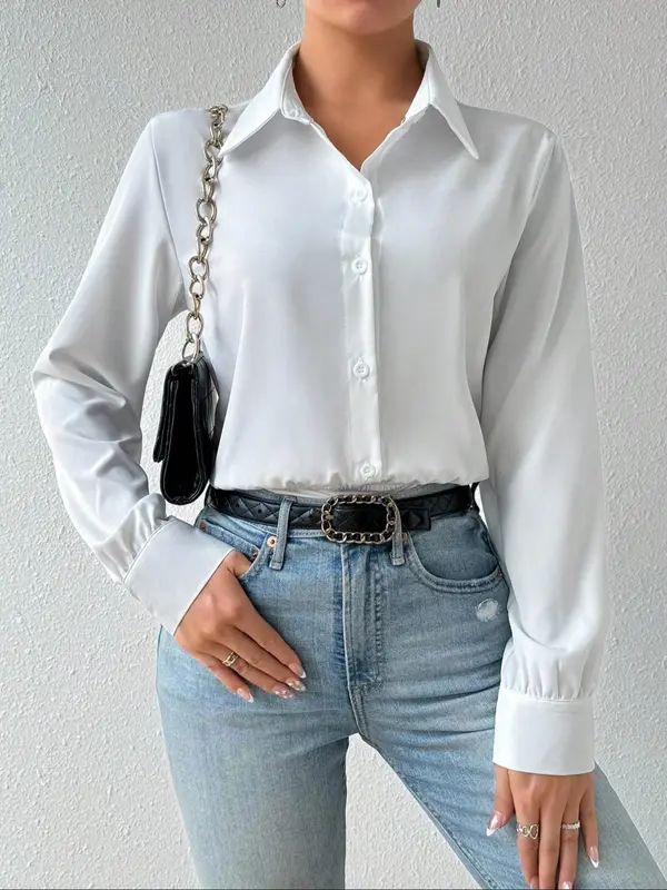 Women's Solid Color Button Bodysuit, Casual Comfy Long Sleeve Bodysuit for Work Office Business, Ladies Clothes for Spring 4