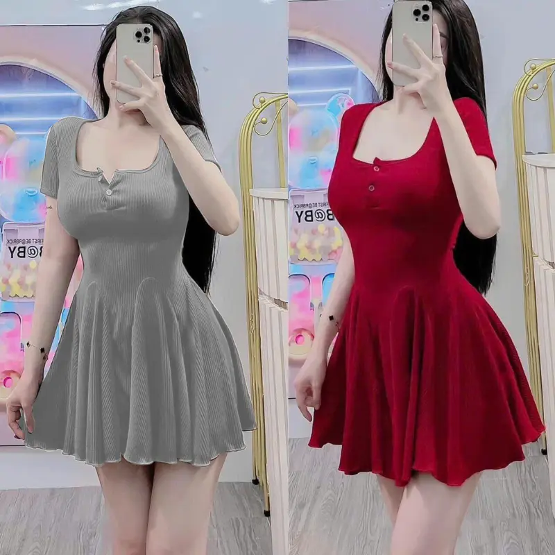 Đầm Thun Tăm Lạnh Tay Ngắn Cổ Vuông Dáng Xòe Kèm Quần Rời Tôn Dáng Ôm Body Nữ Women Kem Dress Xám 0