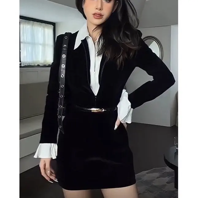 Váy nhung phối cổ sơ mi tay bèo form đứng dáng (Tặng kèm đai Belt)