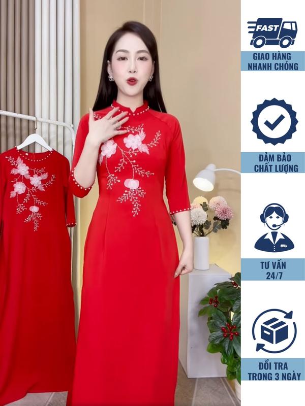  Áo Dài Màu Đỏ Tươi Truyền Thống Thêu Hoa May Sẵn Vải Lụa Mỹ Cao Cấp   cả Áo + Quần   Nữ Dress Women Voan 