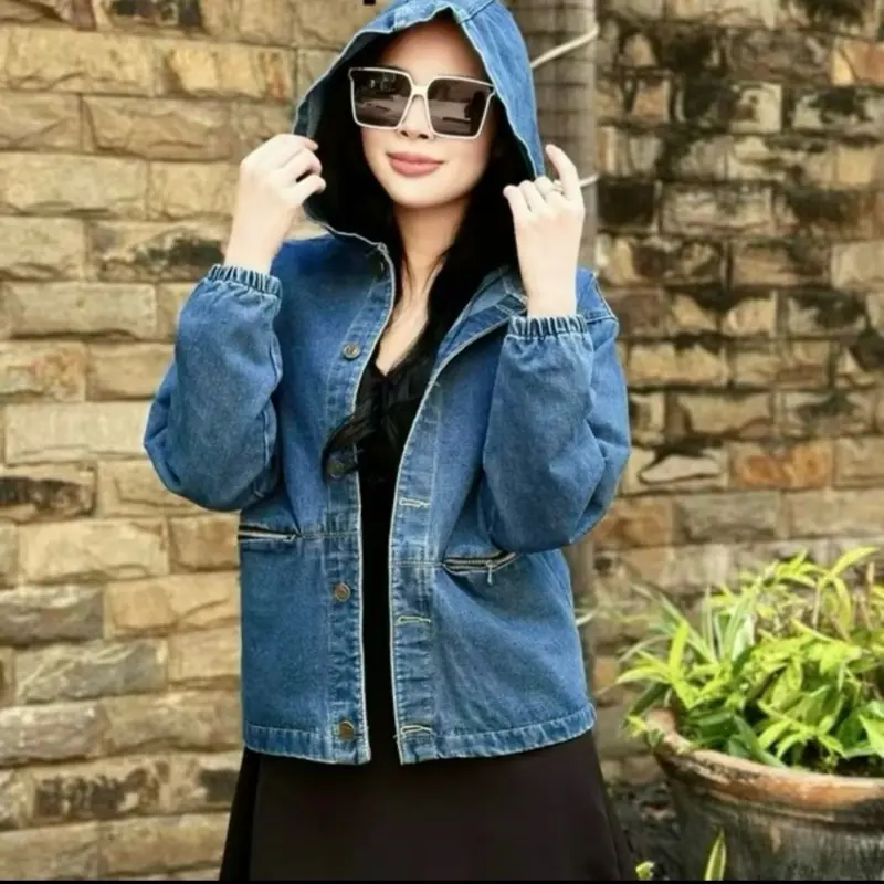 Áo Khoát Nữ Jean Túi Dây Khóa Kéo Nón Rộng Chống Nắng Mát Mẻ Jacket