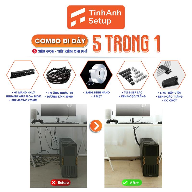 COMBO Đi Dây Điện 5 Trong 1 Siêu Gọn Tiết Kiệm Diện Tích Góc Làm Việc Học Tập Bao Gồm Máng Nhựa Đi Dây Điện, Ống Nhựa Phi, Kẹp Sạc Dây Diện Dây Sạc, Băng Dính 3M