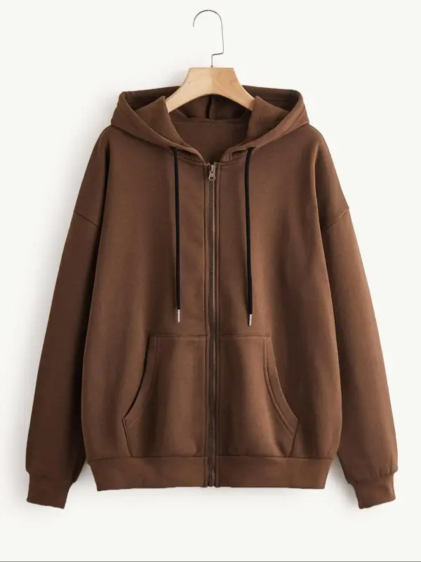 Women's Plain  Zip Up Drawstring Pocket Hoodie, Casual Long Sleeve Hooded Sweatshirt for Fall & Winter, Women's Clothes for Daily Wear 3